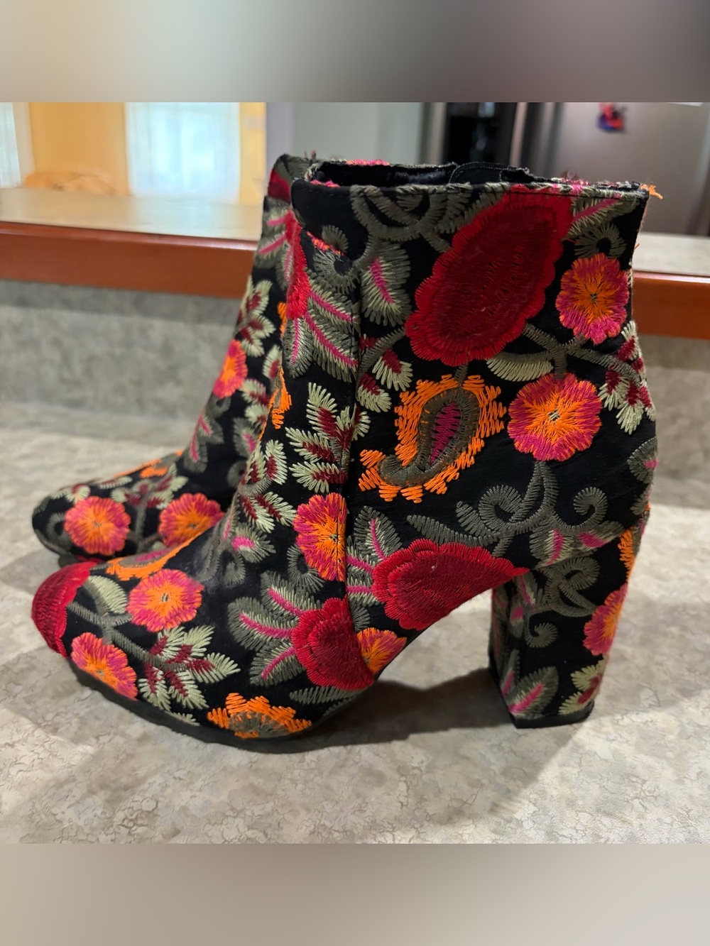 MIA Black Floral Embroidered Block Heel Boots with Red & Orange Accents Size 7.5